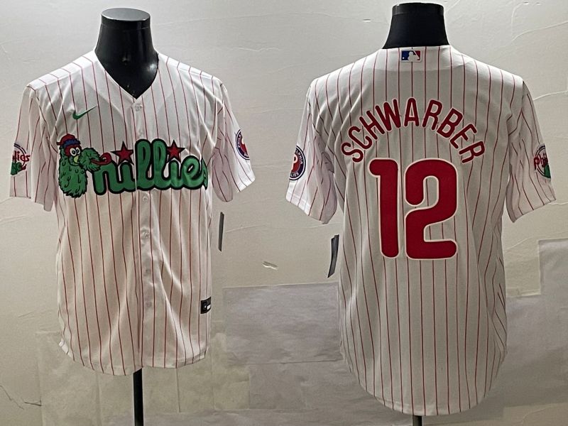 Men Philadelphia Phillies #12 Schwarber White Stripe Three generations Joint Name Game 2025 Nike MLB Jersey style 1
